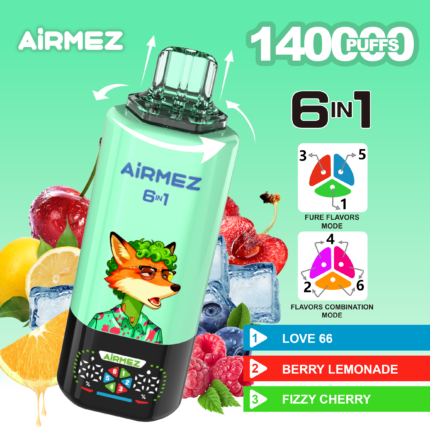 Airmez FOX 6-in-1, 140.000 Züge, Geschmacksrichtung 1 – Love 66, Beeren-Limonade, Sprudelnde Kirsche