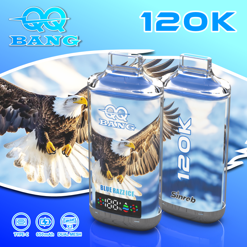 100vaping-qq-bang-120k-Einweg-E-Zigarette-LED-Anzeige-Geschmacksrichtung-Blue-Razz-Ice QQ Bang Einweg-E-Zigarette mit 120.000 Zügen, Geschmack „Blue Razz Ice“ – 100vaping