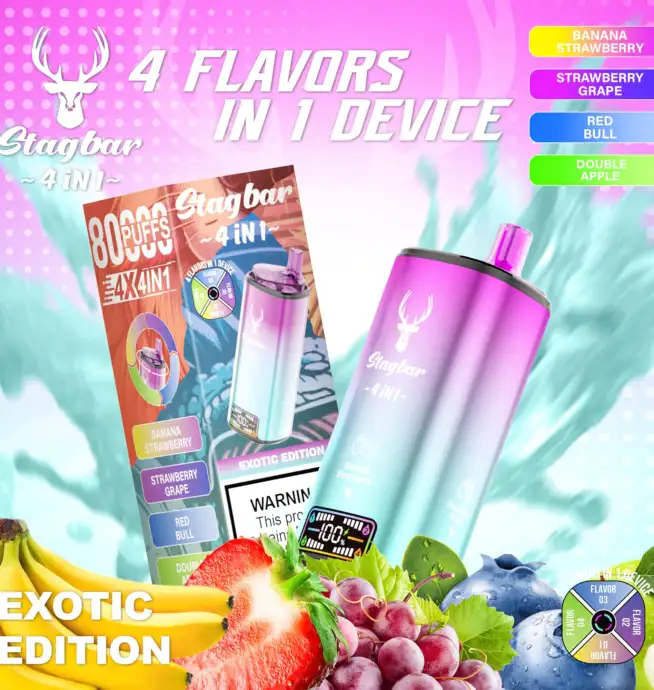 Stag Bar 4-in-1 80.000 Züge Einweg-E-Zigarette mit den Geschmacksrichtungen Banane, Erdbeere, Erdbeere-Traube, Red Bull und Doppel-Apfel – 100vaping