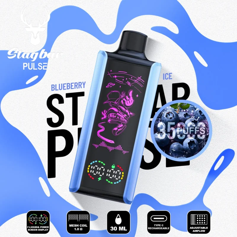 Stag Bar Pulse Einweg-E-Zigarette mit 35.000 Zügen, Geschmack „Blueberry Ice“ – 100vaping