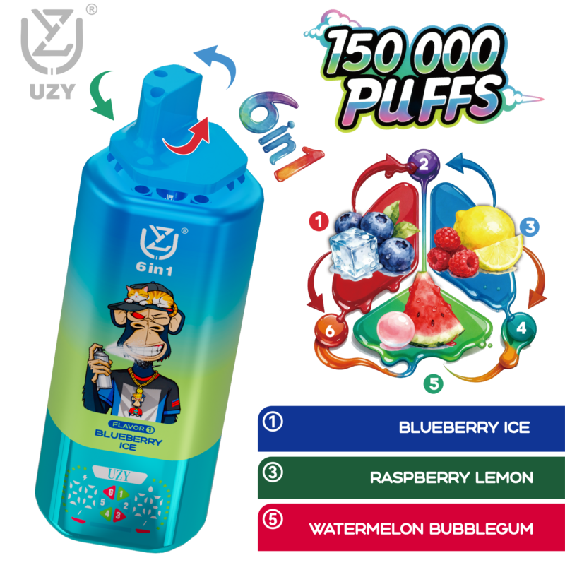 UZY 6-in-1-Einweg-E-Zigarette mit 150.000 Zügen – Geschmacksrichtungen: 2. Blueberry Ice, Raspberry Lemon und Watermelon Bubblegum